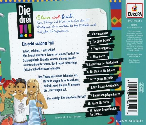 Rückseite eines deutschen Kinderbuchs mit Comic-Mädchen und Text über einen Fall.