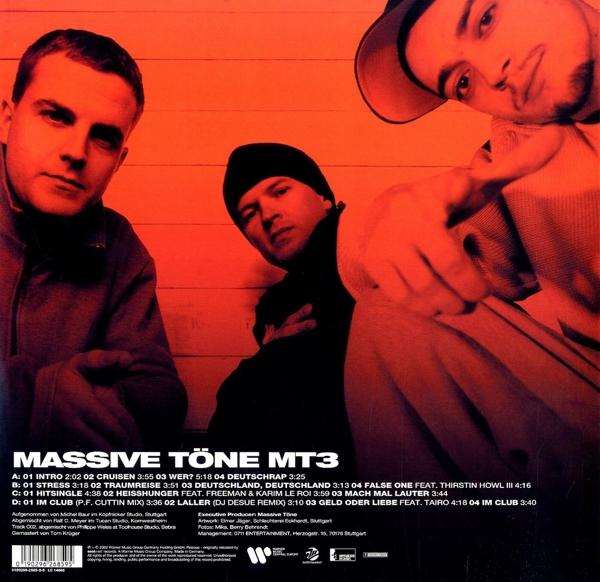CD-Cover mit drei Männern. Text unten listet Tracks und Credits. Roter und oranger Hintergrund.