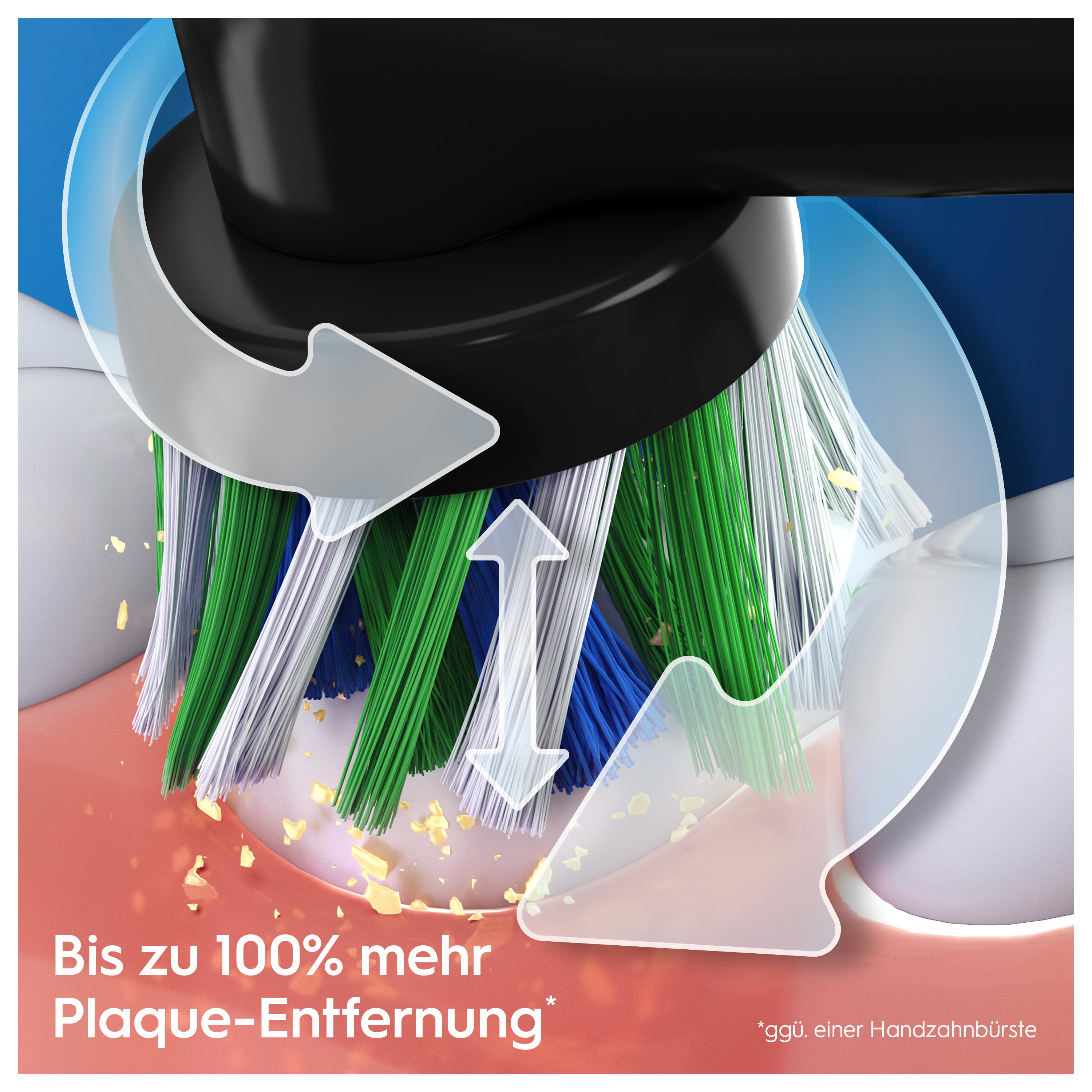 Gros plan sur la tête d'une brosse à dents électrique avec des poils bleus, verts et blancs, montrant le nettoyage.
