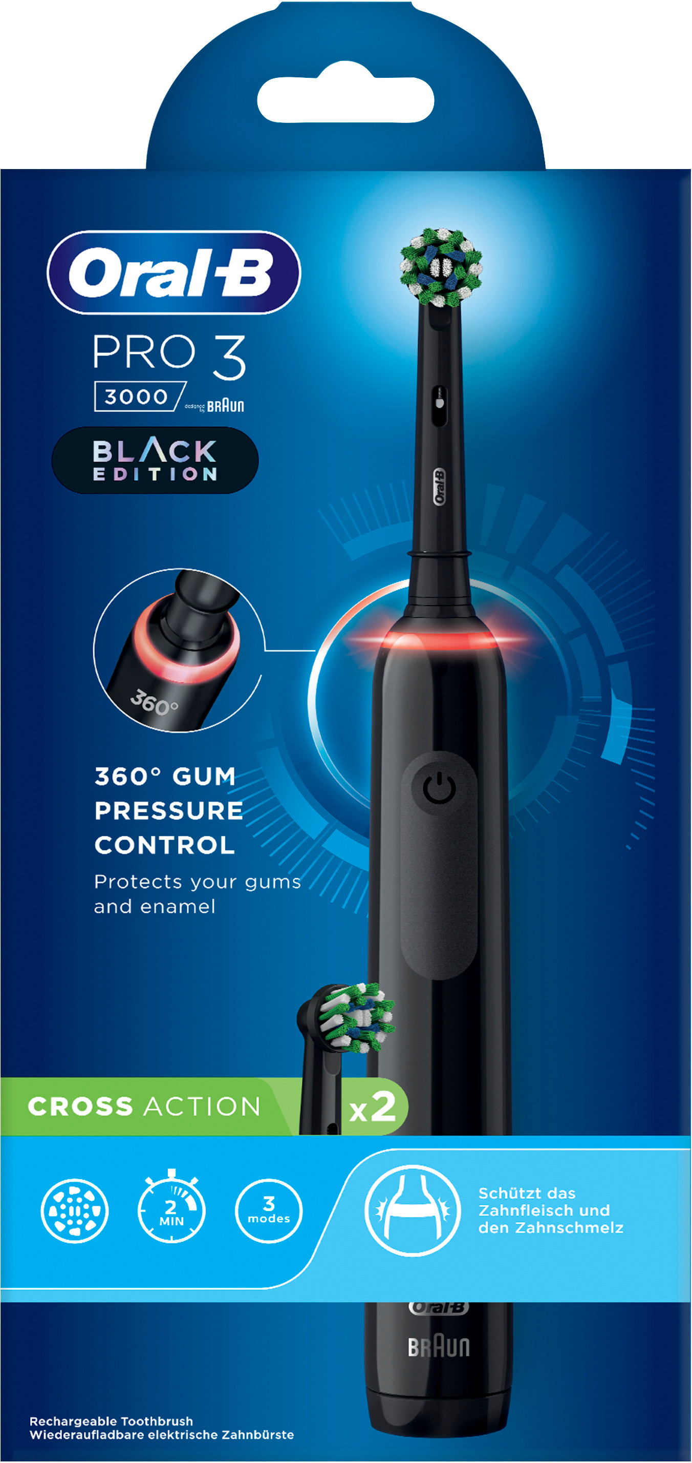 Emballage de la brosse à dents électrique Oral-B Pro 3 Black Edition. Brosse noire.
