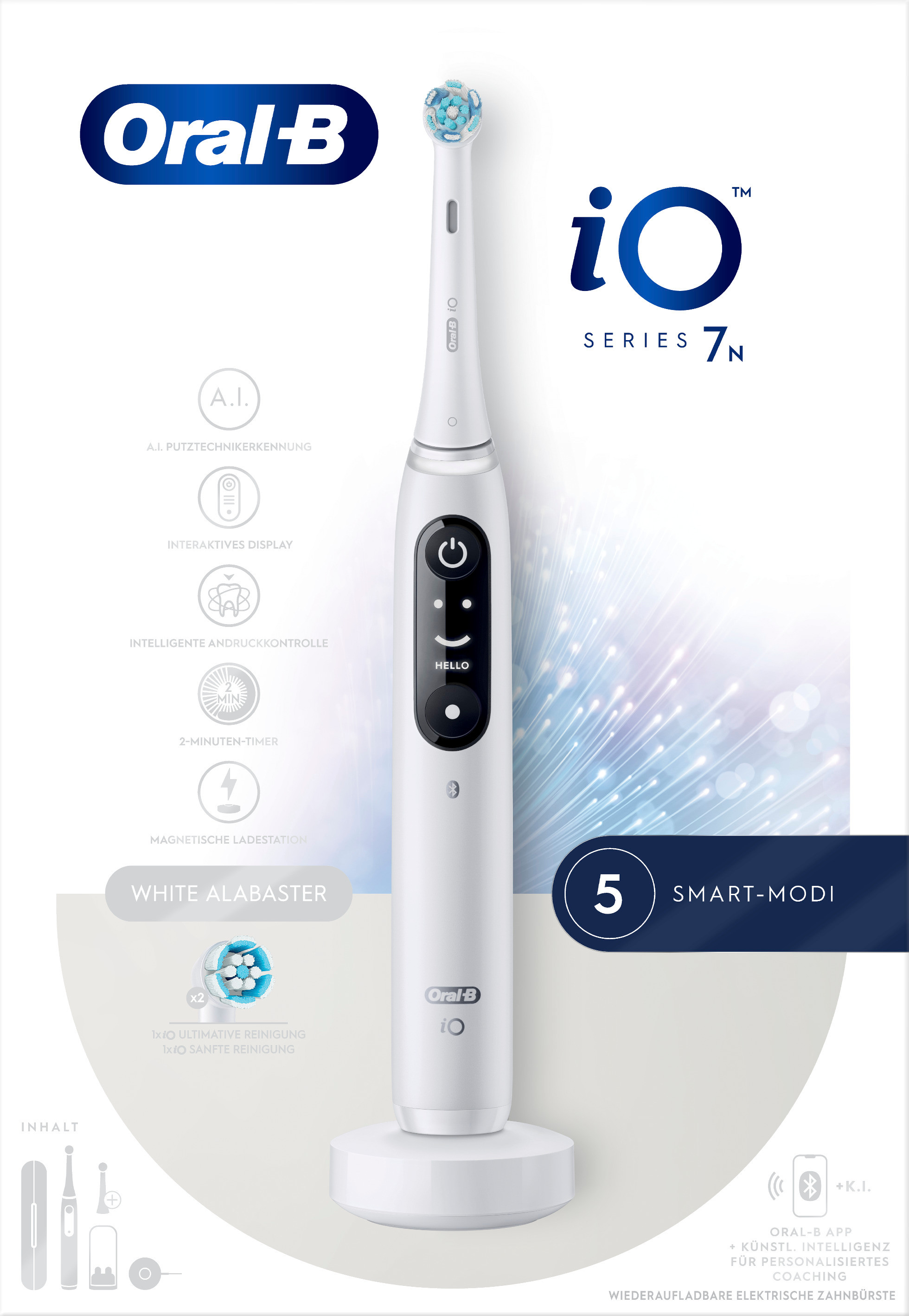 Spazzolino elettrico bianco Oral-B iO Series 7N su una base di ricarica. Presenta 'Hello' sul manico.