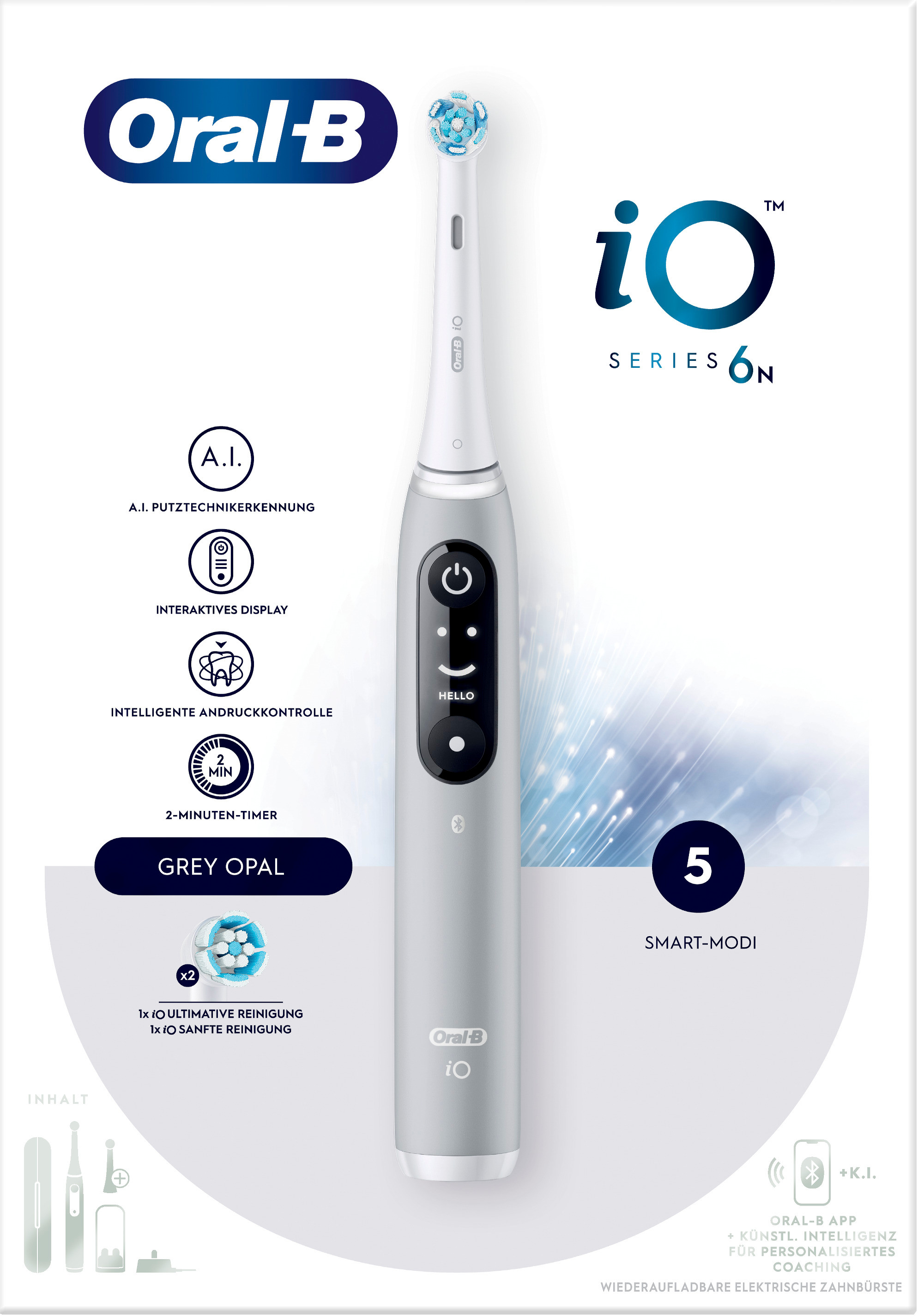 Uno spazzolino elettrico con manico grigio, testina blu e schermo. Il marchio è Oral-B.