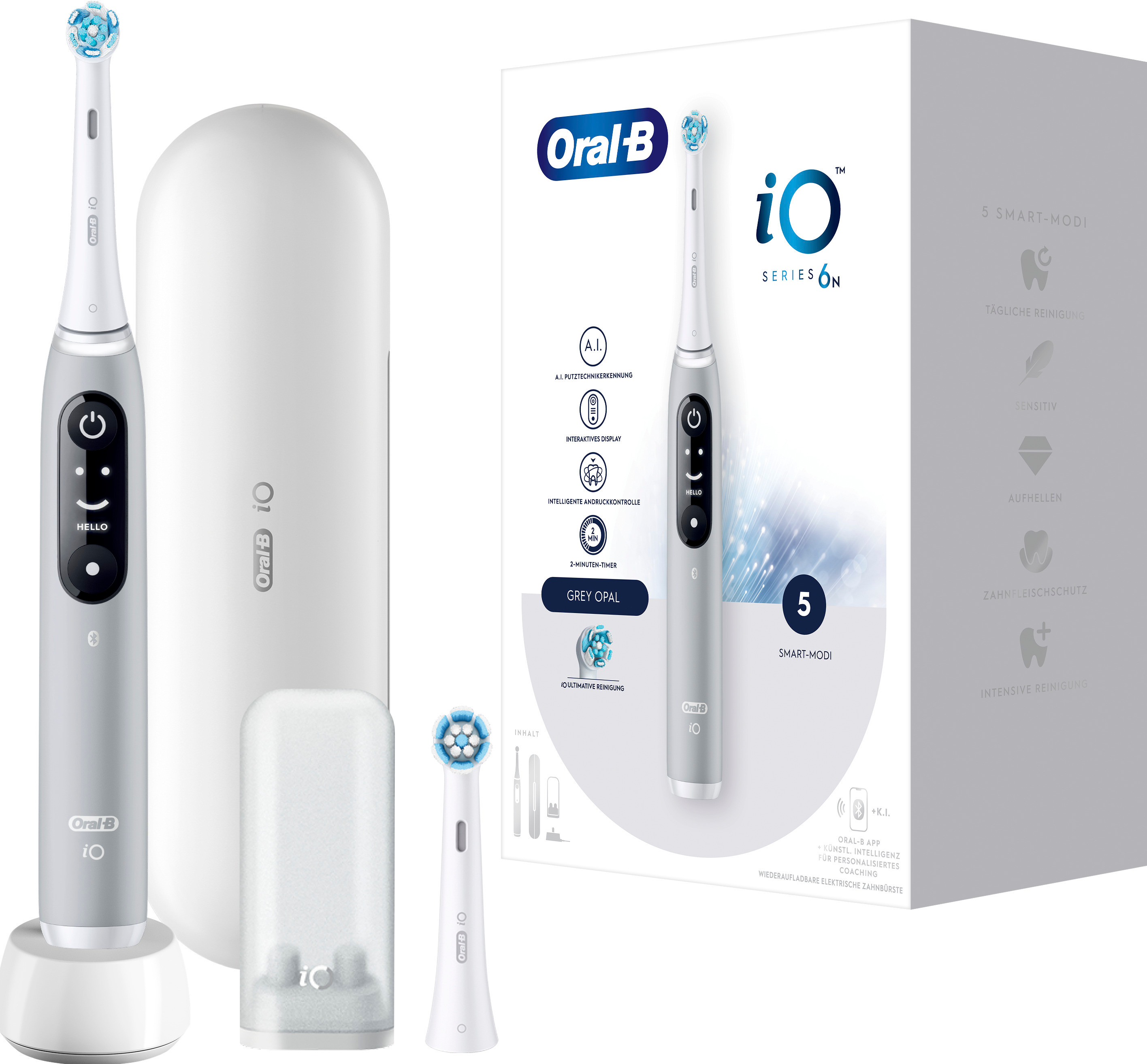 Set spazzolino elettrico Oral-B iO Series 6N. Spazzolino grigio, base di ricarica, custodia da viaggio e testina extra.