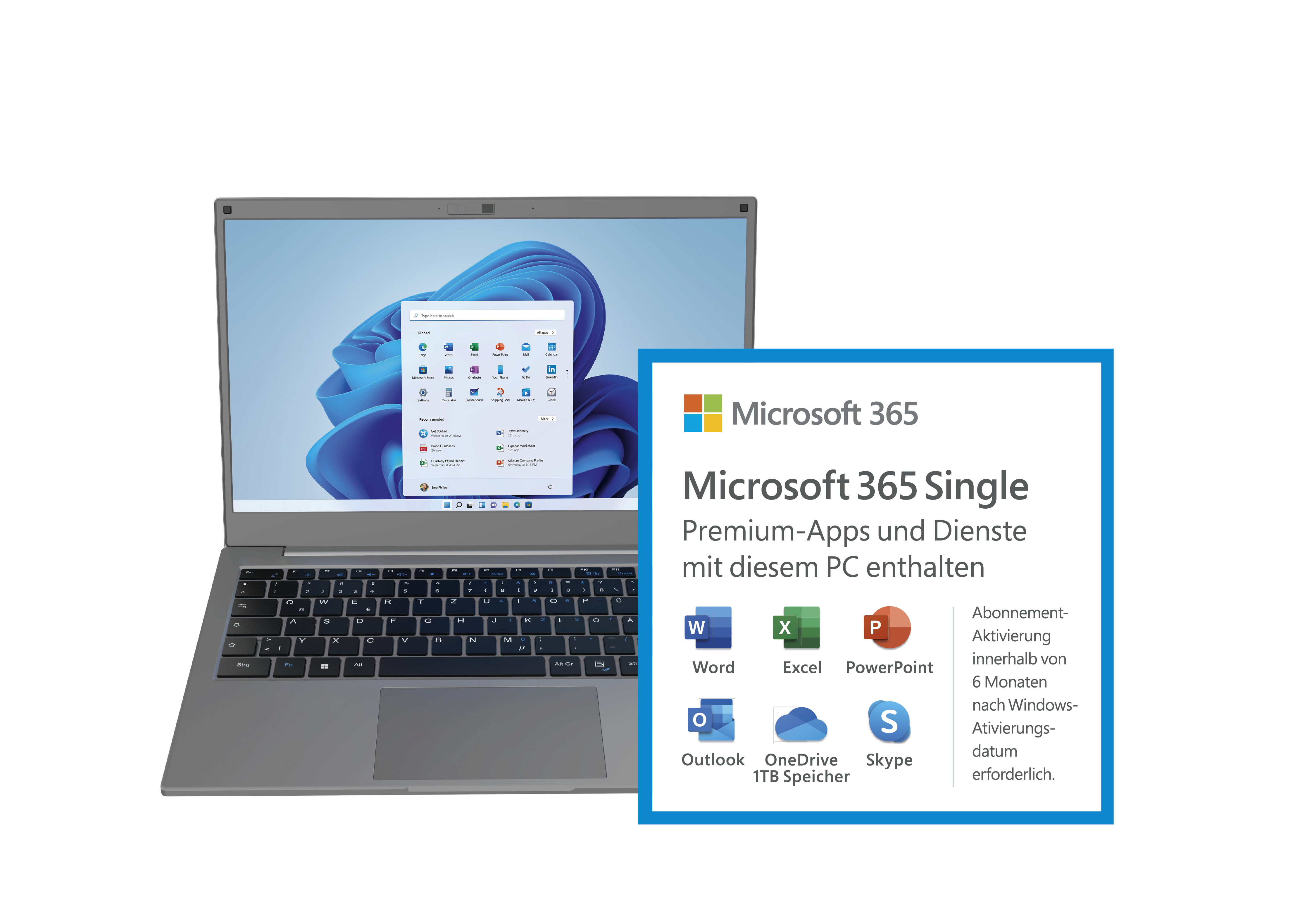 Laptop auf weißem Hintergrund mit Microsoft 365 Angebotskarte.