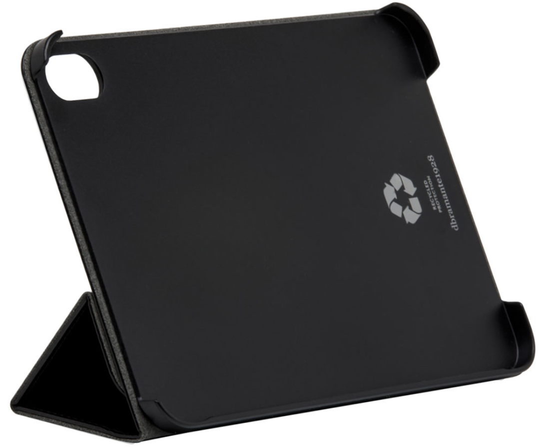 Black iPad case. The case is open, showing the back and a stand.