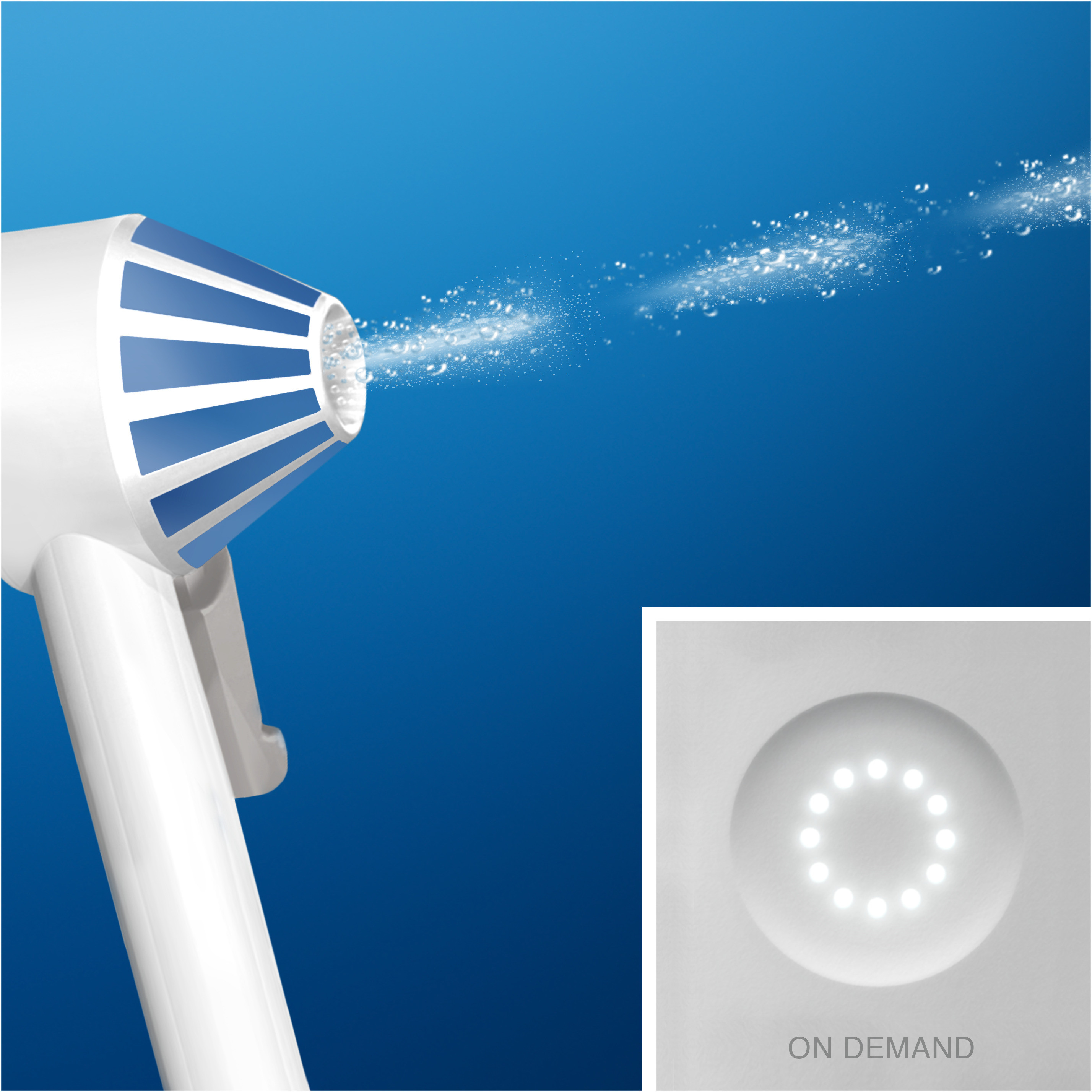 Dispositivo Oral-B bianco che spruzza acqua, sfondo blu. Dettaglio di un dispositivo bianco con un cerchio di luci bianche.