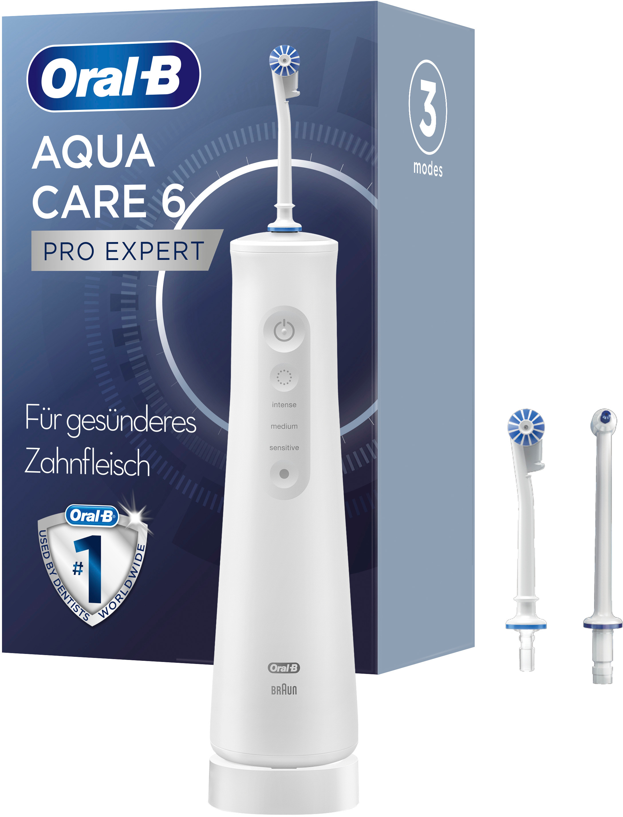 Scatola Oral-B Aqua Care 6 Pro Expert con il dispositivo e due ugelli di ricambio.