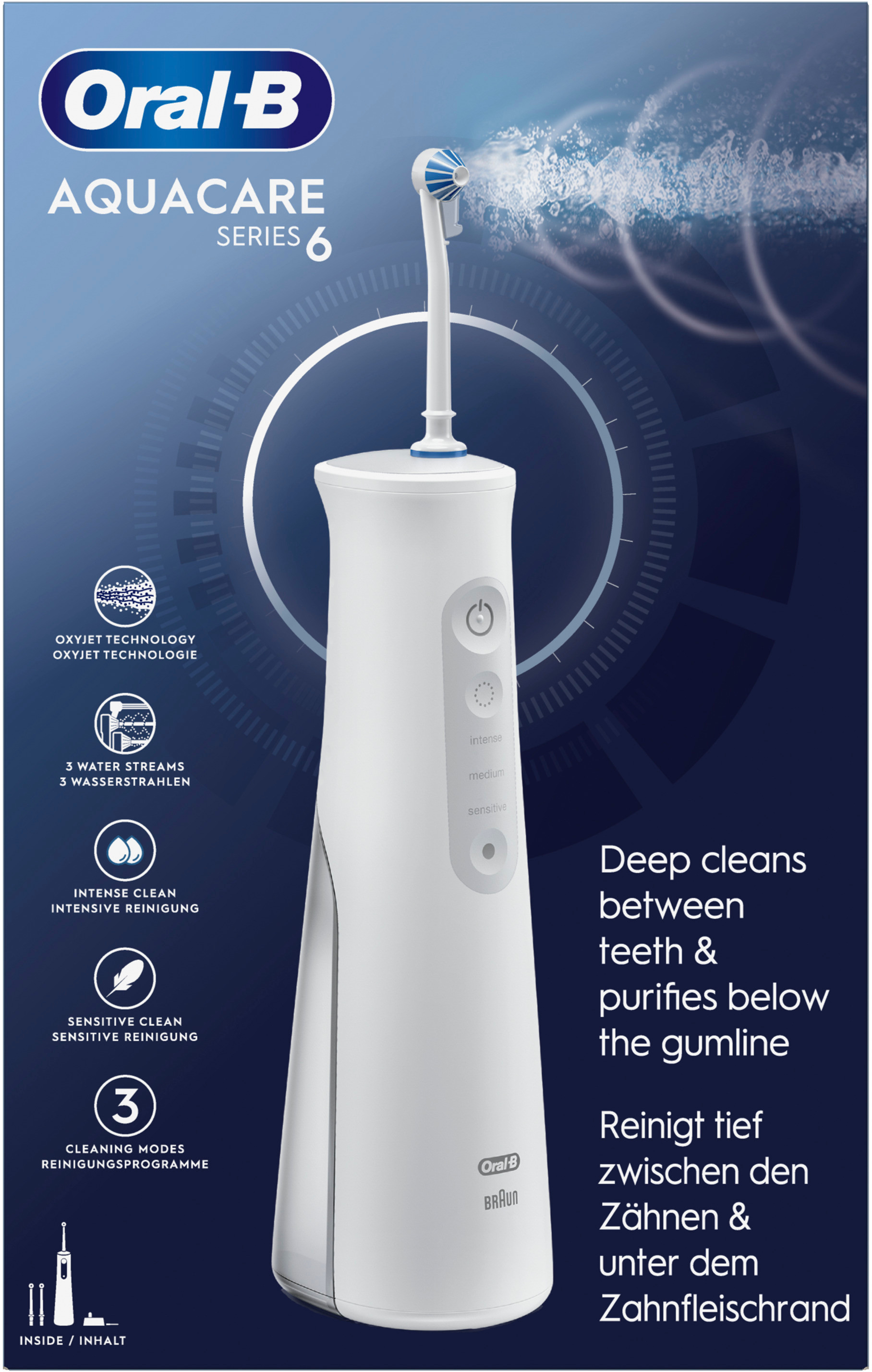 Oral-B Aquacare Serie 6. Dispositivo bianco con getti d'acqua su una scatola, con testo: pulisce a fondo tra i denti.