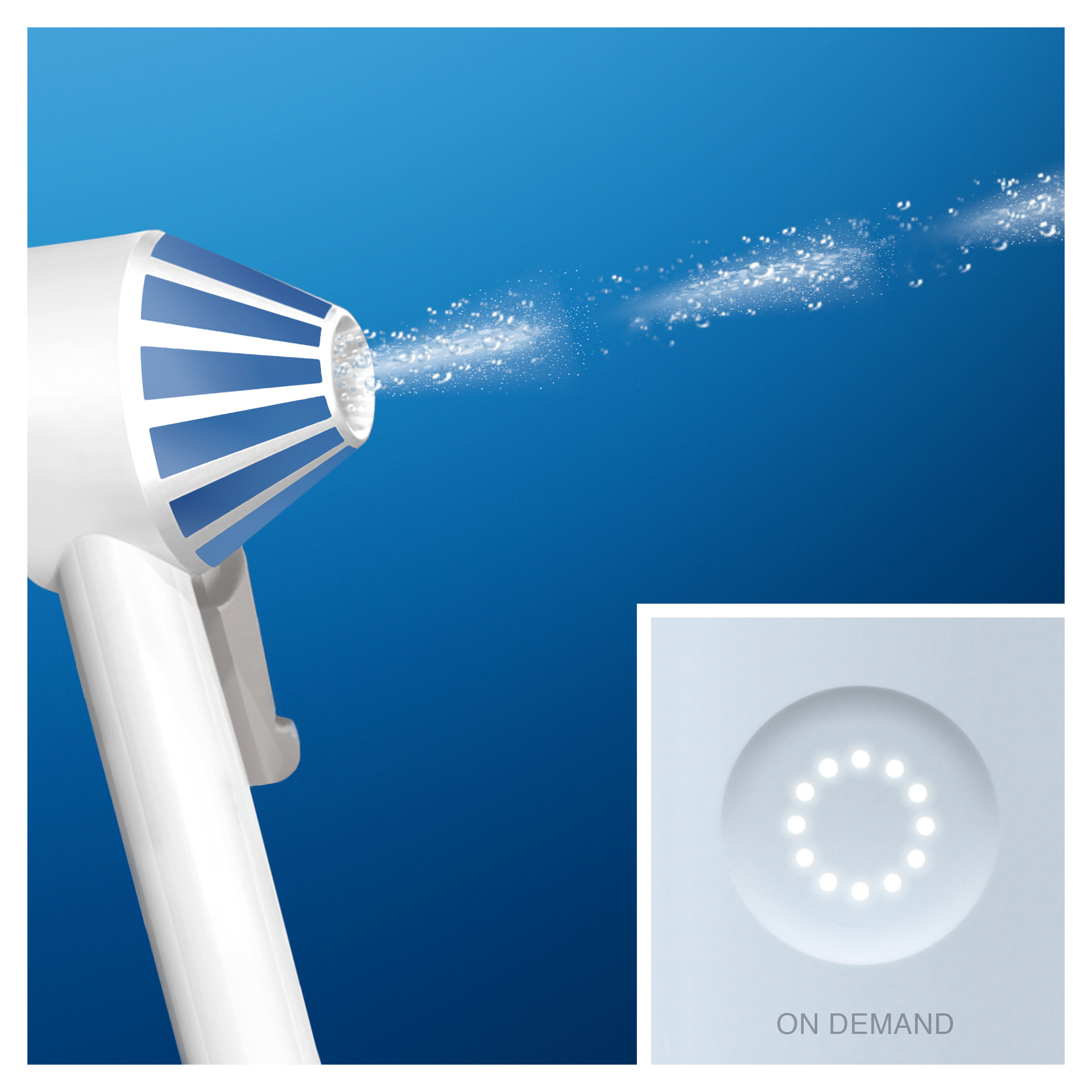 Un elettrodomestico bianco con un accento blu, che spruzza goccioline d'acqua su uno sfondo blu.