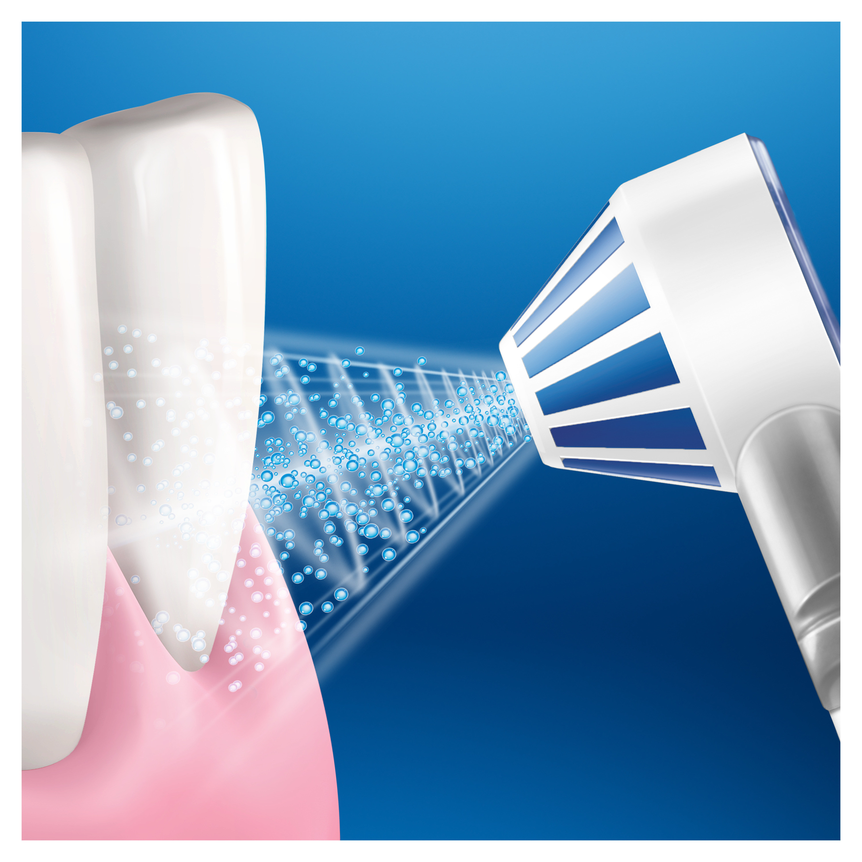 Primo piano di denti e spazzolino. Lo spazzolino emette bolle blu, pulendo i denti.