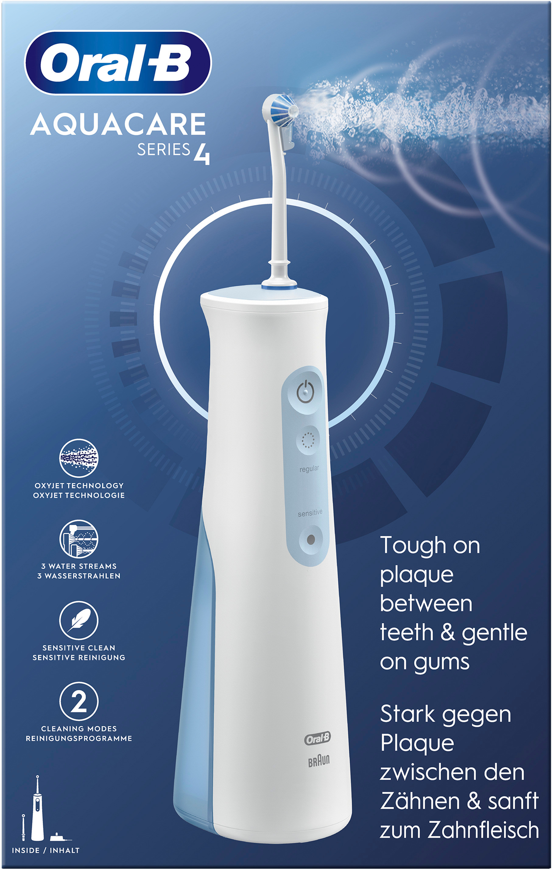 Idropulsore Oral-B Aquacare Serie 4. Dispositivo bianco e blu con getti d'acqua e icone della modalità di pulizia.