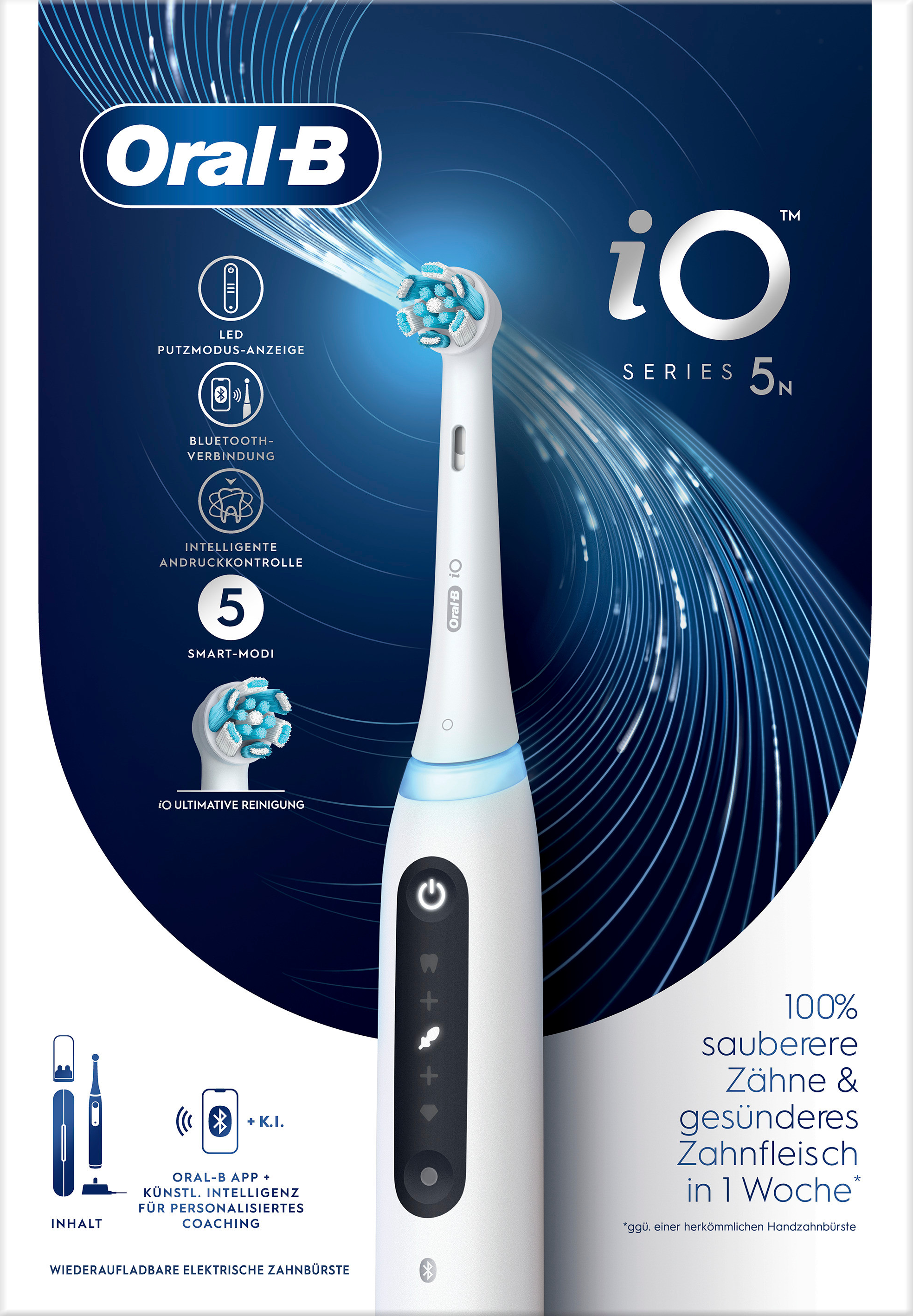 Spazzolino elettrico bianco Oral-B iO Series 5N, con caratteristiche e vantaggi esposti sulla confezione.