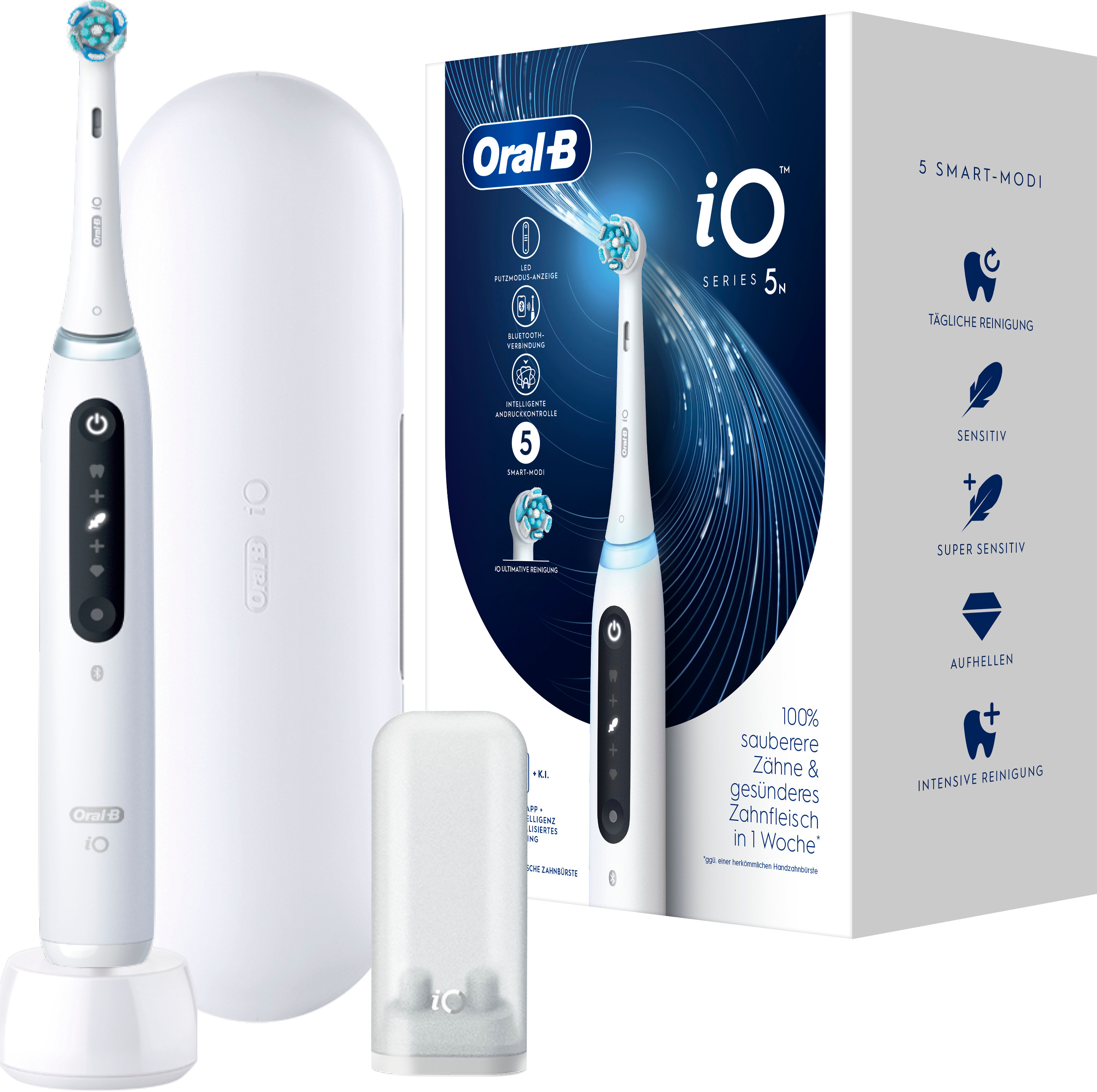 Spazzolino elettrico Oral-B bianco con base di ricarica, custodia da viaggio e testine di ricambio. Scatola a destra.