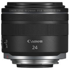 Canon RF 24mm F1.8 MACRO IS STM Objektiv. Schwarz mit silbernem Akzent und Canon-Logo, vor weißem Hintergrund.