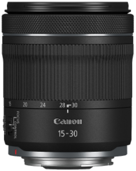 Canon 15-30mm Objektiv mit Fokus- und Zoomsteuerung. Schwarzes Objektiv mit Canon-Logo.