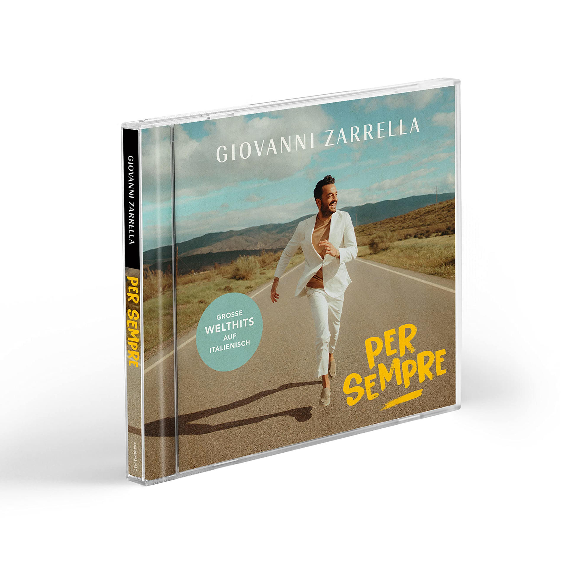 CD-Cover: Mann in weißem Anzug geht Straße entlang. Text: Giovanni Zarrella, Per Sempre.