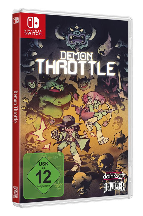 Eine Videospielhülle für Demon Throttle mit cartoonartigen Charakteren.
