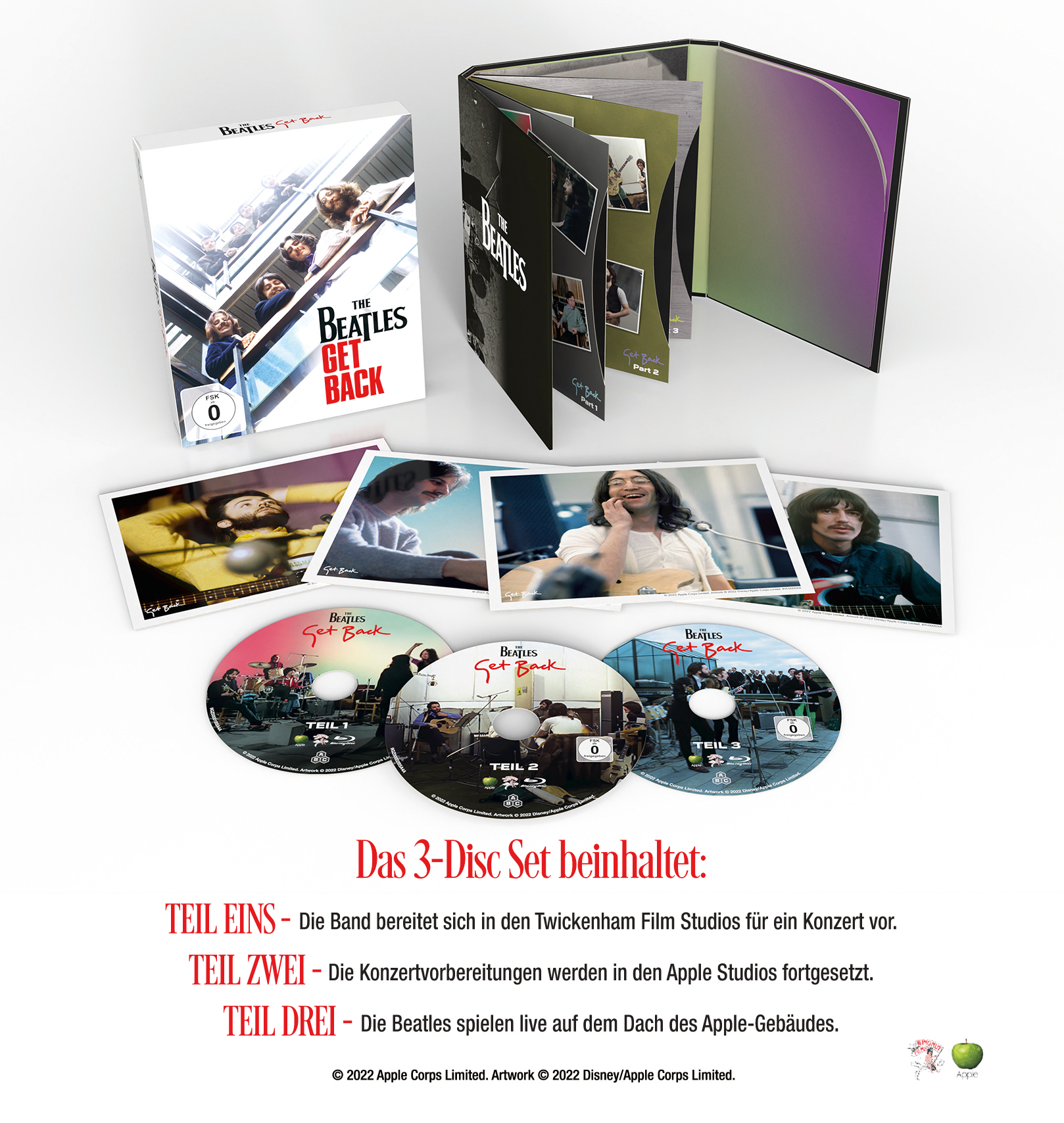 The Beatles 'Get Back' DVD-Set. Hülle, Discs und Fotos sind abgebildet.