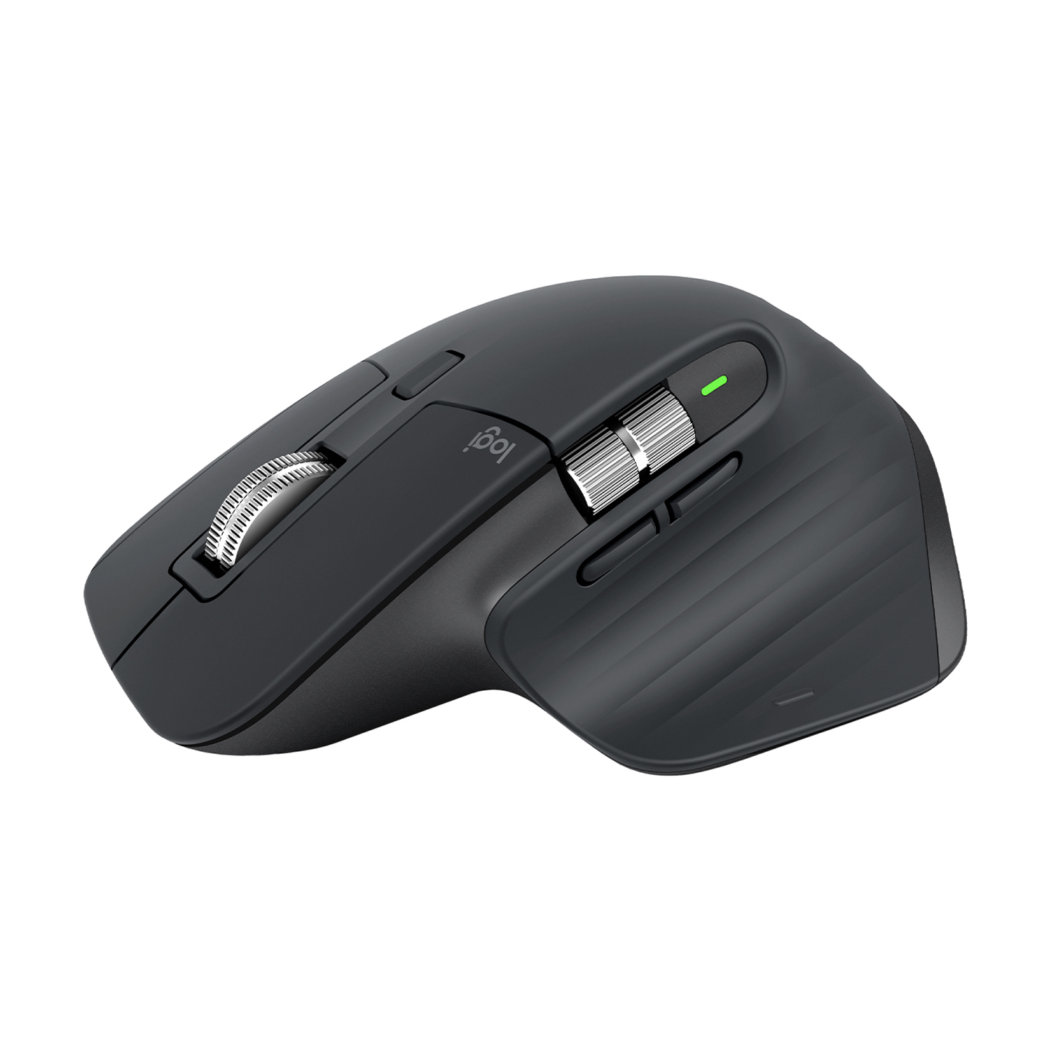 Mouse Logitech nero con rotella di scorrimento argentata e indicatore di alimentazione verde, su sfondo bianco.