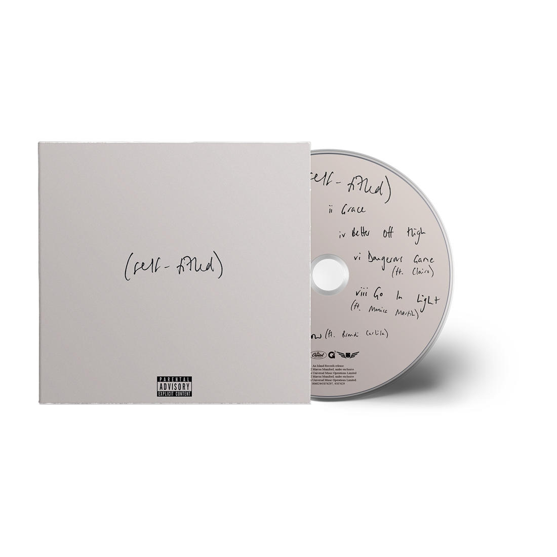 Un boîtier de CD est ouvert, montrant un CD avec des titres de chansons manuscrits. Le boîtier porte le titre de l'album.