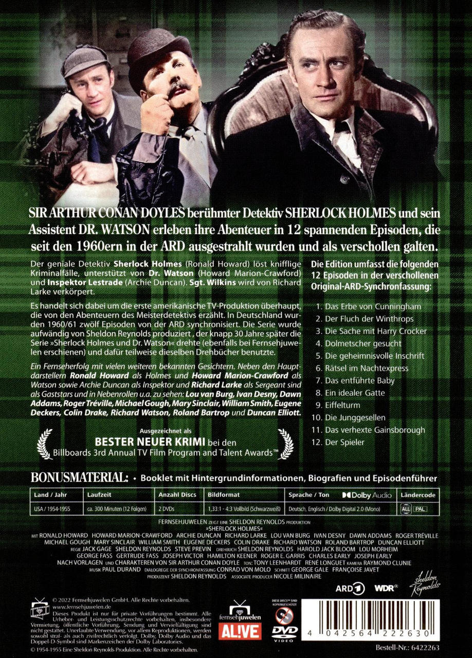 Rückseite einer DVD-Hülle. Sie zeigt Bilder von drei Männern und Text über eine Sherlock-Holmes-Serie.