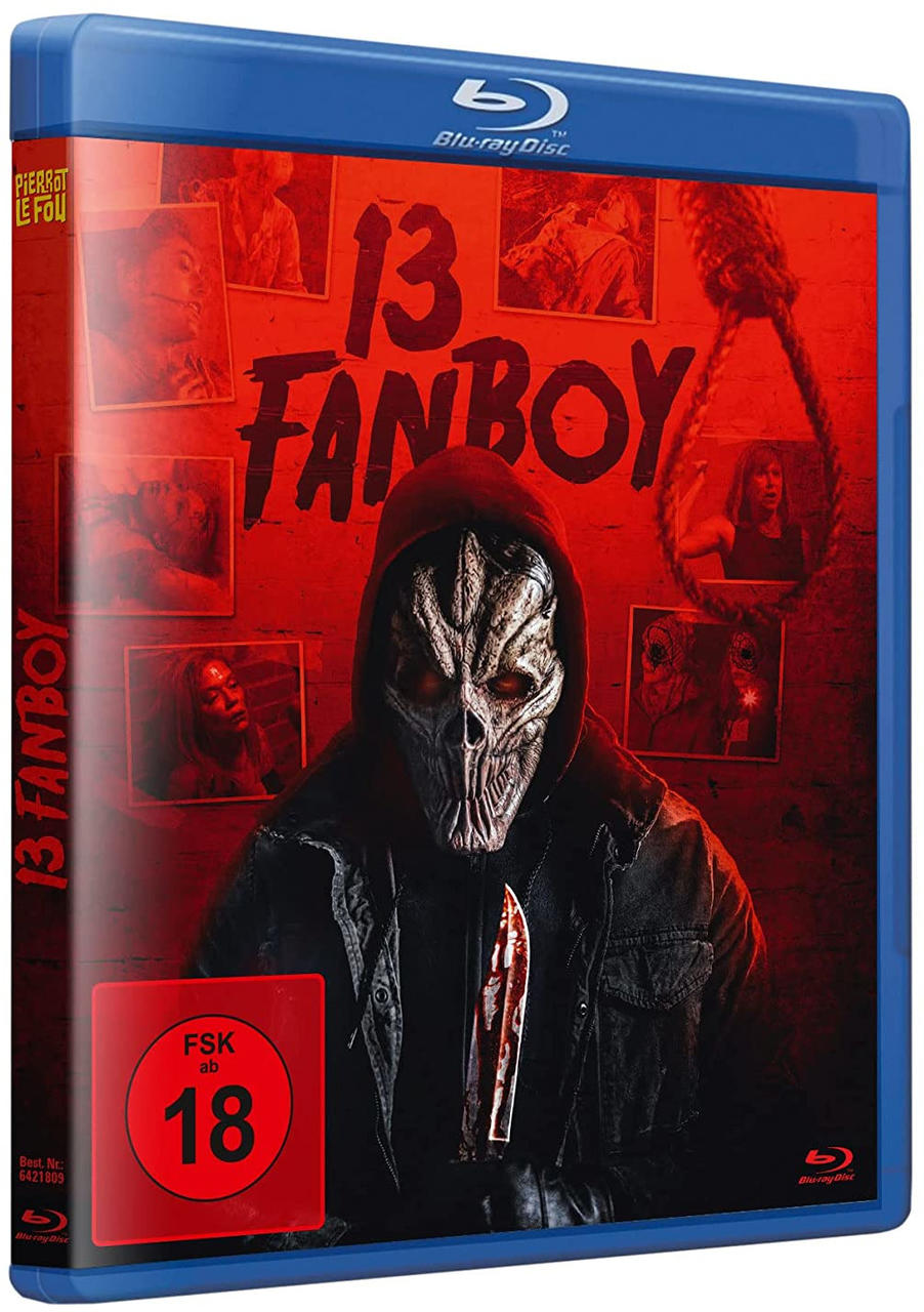 Eine Blu-ray-Disc-Hülle für den Film "13 Fanboy". Eine maskierte Figur mit einem Messer steht im Mittelpunkt.