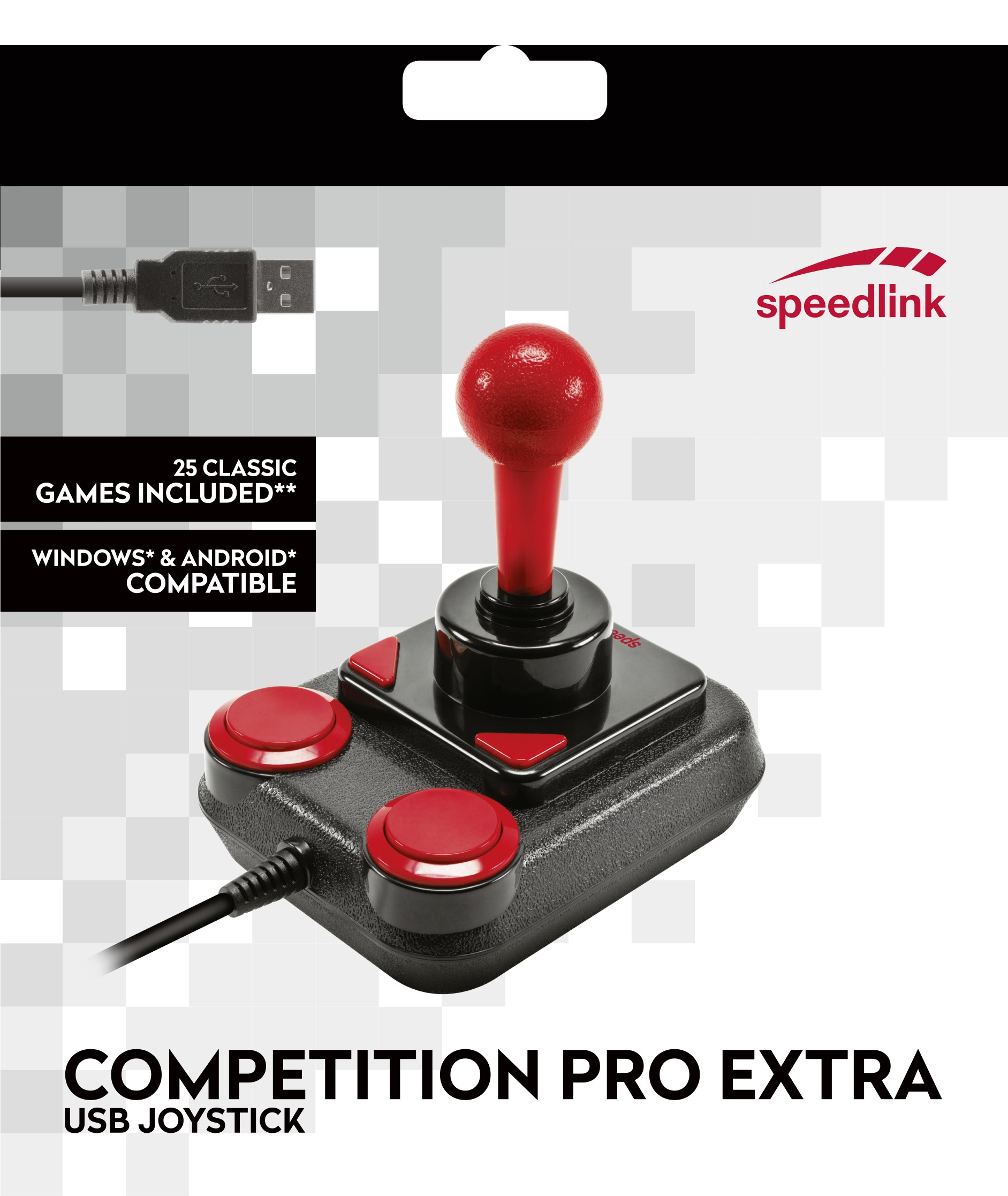 Ein schwarzer und roter Competition Pro Extra USB-Joystick mit roter Kugel und Knöpfen.