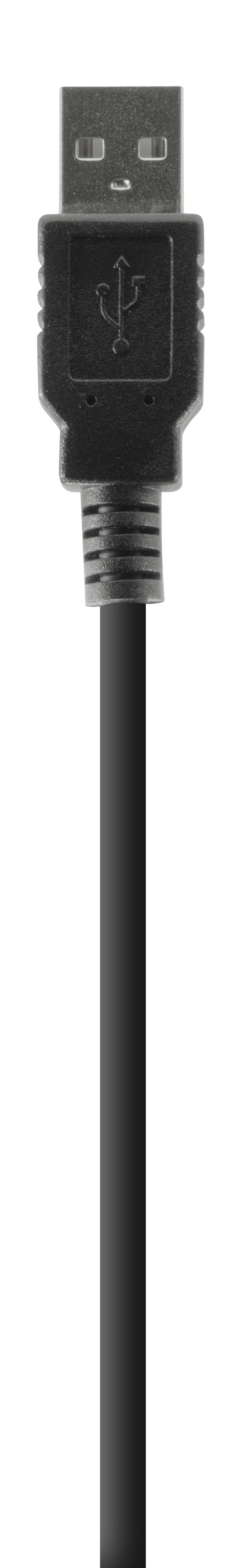 Schwarzes USB-Kabel. USB-A-Anschluss sichtbar. Weißer Hintergrund.