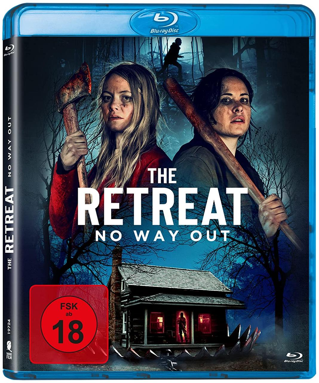 Blu-ray-Filmcover: „The Retreat“, zwei Frauen mit Äxten, Waldkulisse.