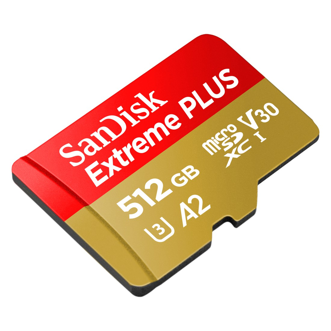 Rote und goldene SanDisk Extreme PLUS MicroSD-Karte mit Text, auf weißem Hintergrund.