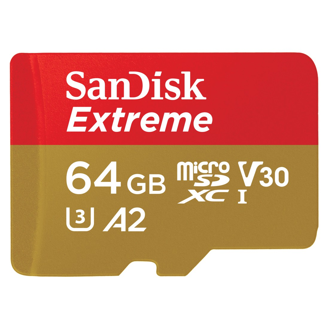 Rote und goldene SanDisk Extreme microSD-Karte. Text: SanDisk Extreme, 64 GB, micro SD XC I, A2 und V30.