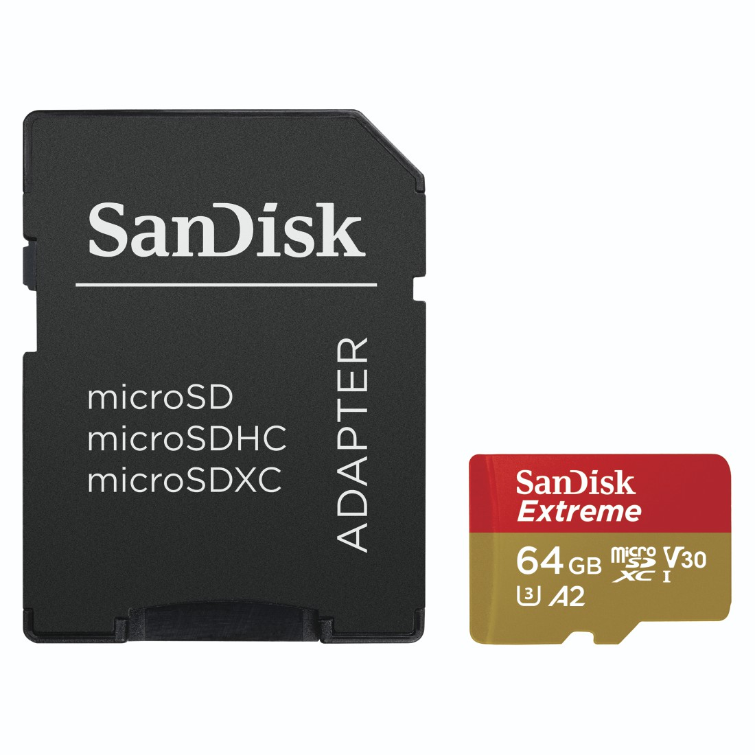 Sandisk microSD-Karte und Adapter, schwarz und rot, auf weißem Hintergrund.