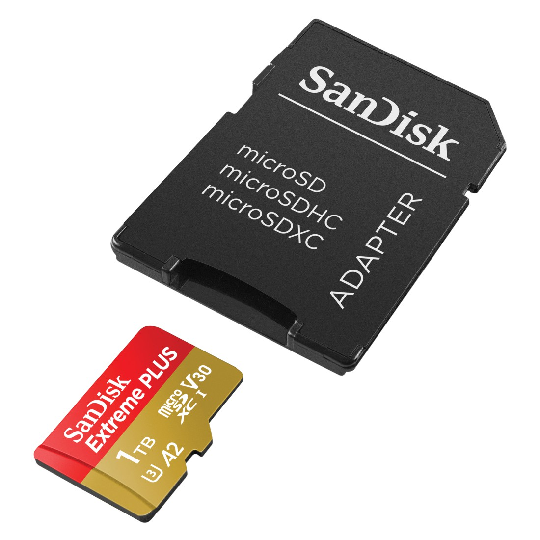 Sandisk SD-Karte mit Adapter und microSD-Karte, weißer Hintergrund, Draufsicht.