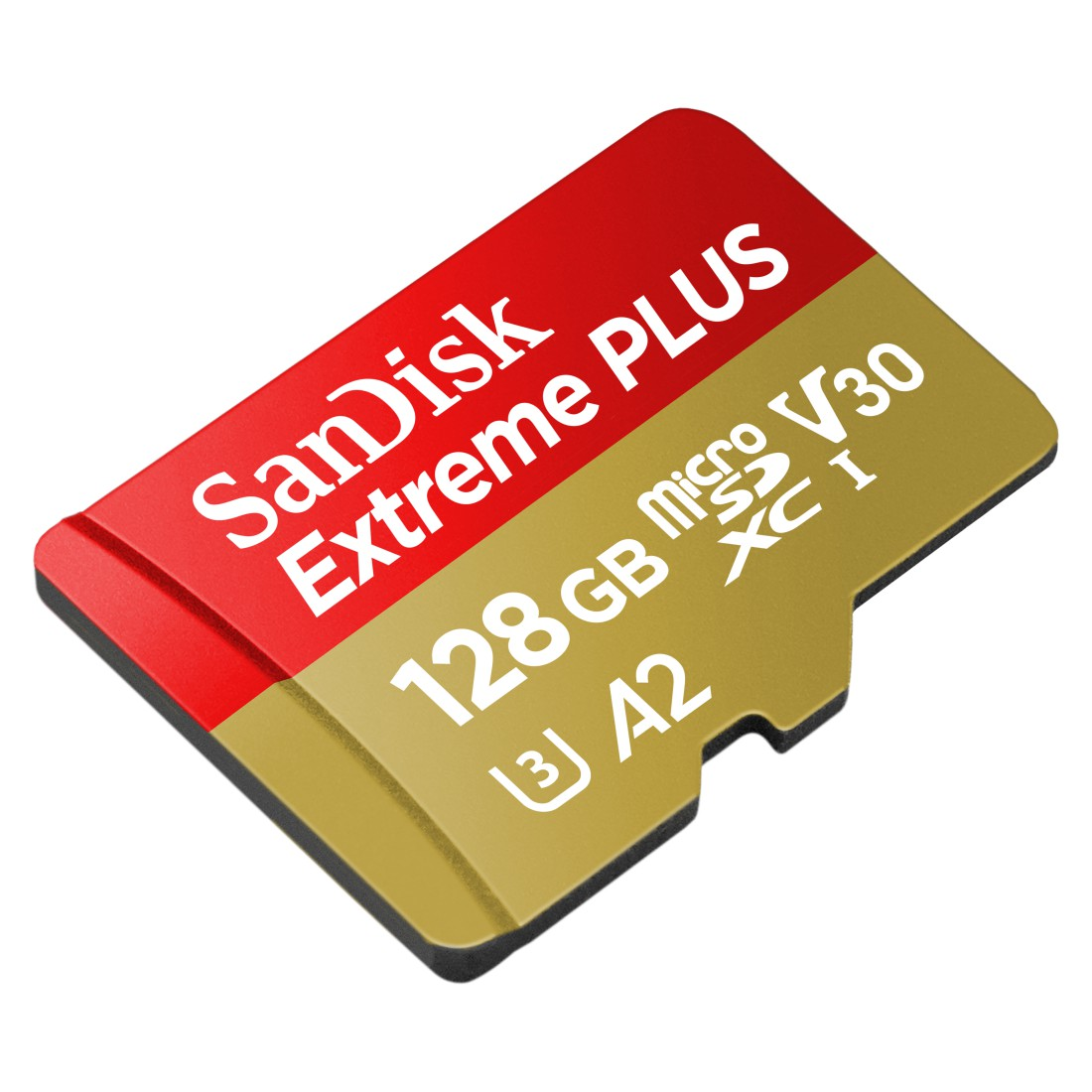 Eine rot-goldene SanDisk Extreme PLUS microSD-Karte. Es hat Text und das SD-Kartenlogo darauf.