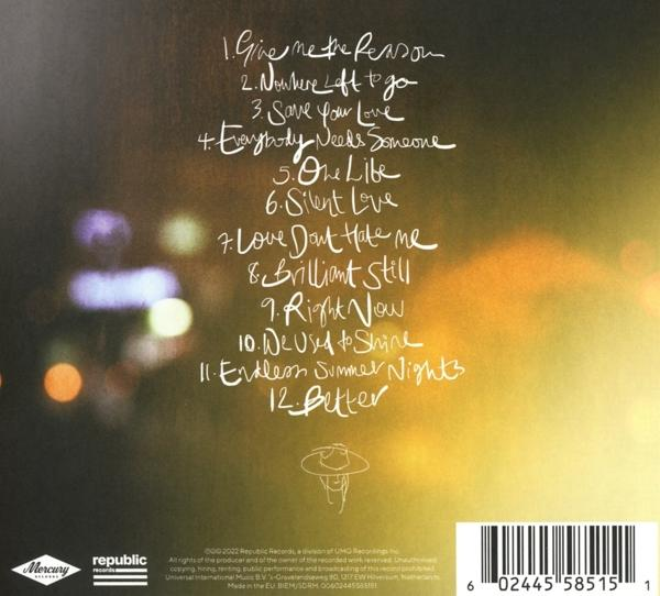CD-Rückseite mit Titelliste, weißer Text auf gelb-orangefarbenem Farbverlauf, mit kleiner Illustration und Barcode.