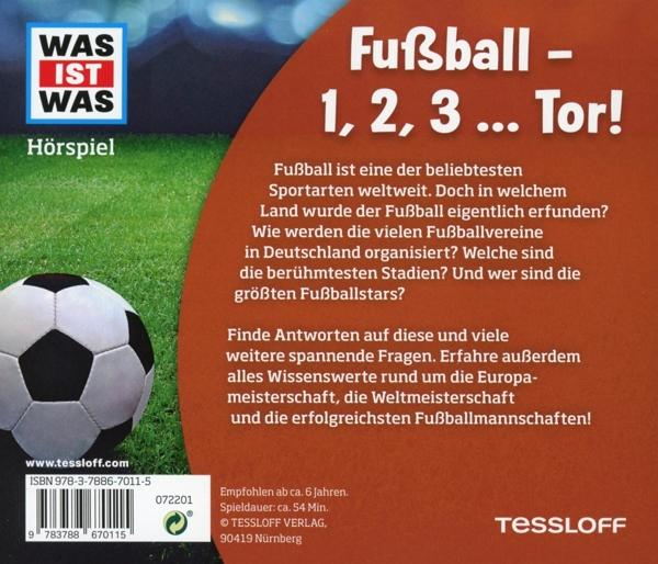 Buchcover mit Fußball, Text auf Deutsch. Titel: Fußball - 1, 2, 3...Tor! Grüner Hintergrund.