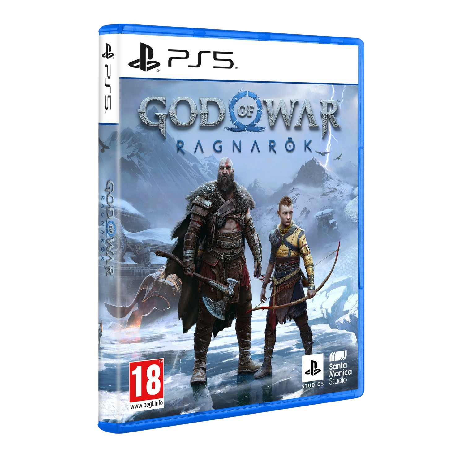 Caja del juego PlayStation 5, 'God of War Ragnarök', con dos personajes en un paisaje nevado.