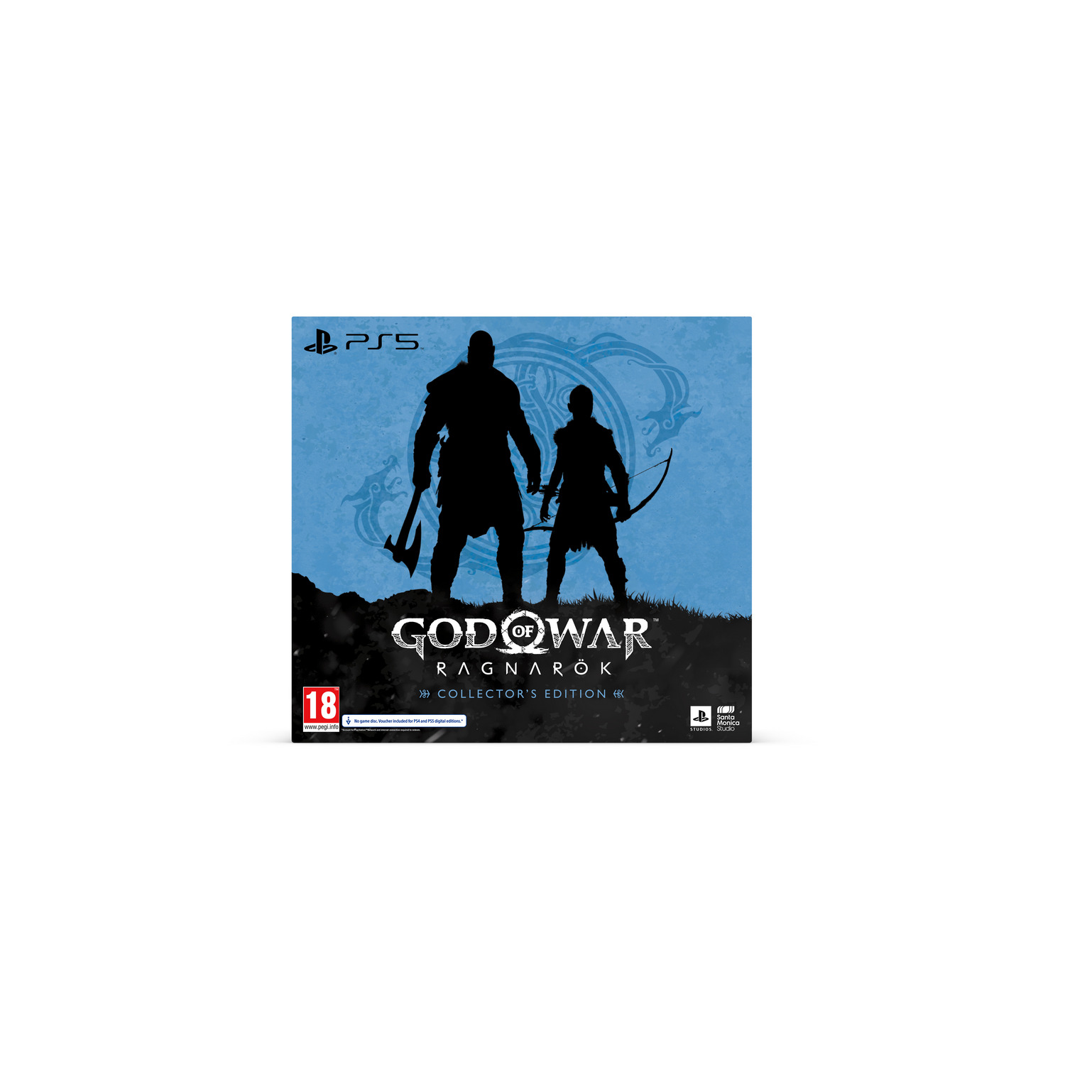 Caja de edición de coleccionista de God of War Ragnarok. Siluetas de Kratos y Atreus en azul.