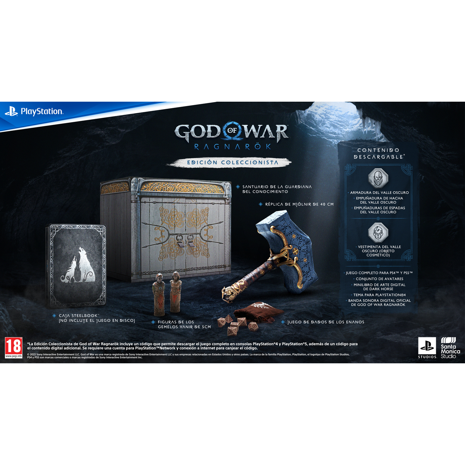 Caja de edición coleccionista God of War Ragnarok, arte del juego, figuras y martillo.