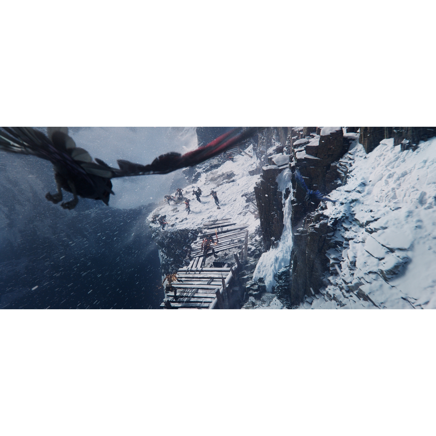Una escena de montaña nevada con figuras en un puente de madera y una criatura alada volando.