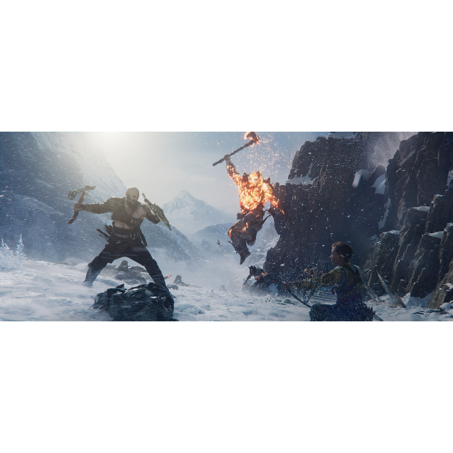 La escena del juego God of War muestra a dos hombres luchando en la nieve, con una tercera persona sentada en el suelo.