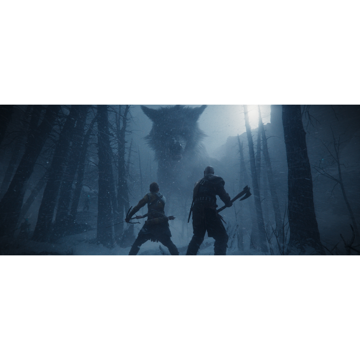 Dos figuras con armas se enfrentan a un lobo gigante en un bosque nevado. La escena es oscura.