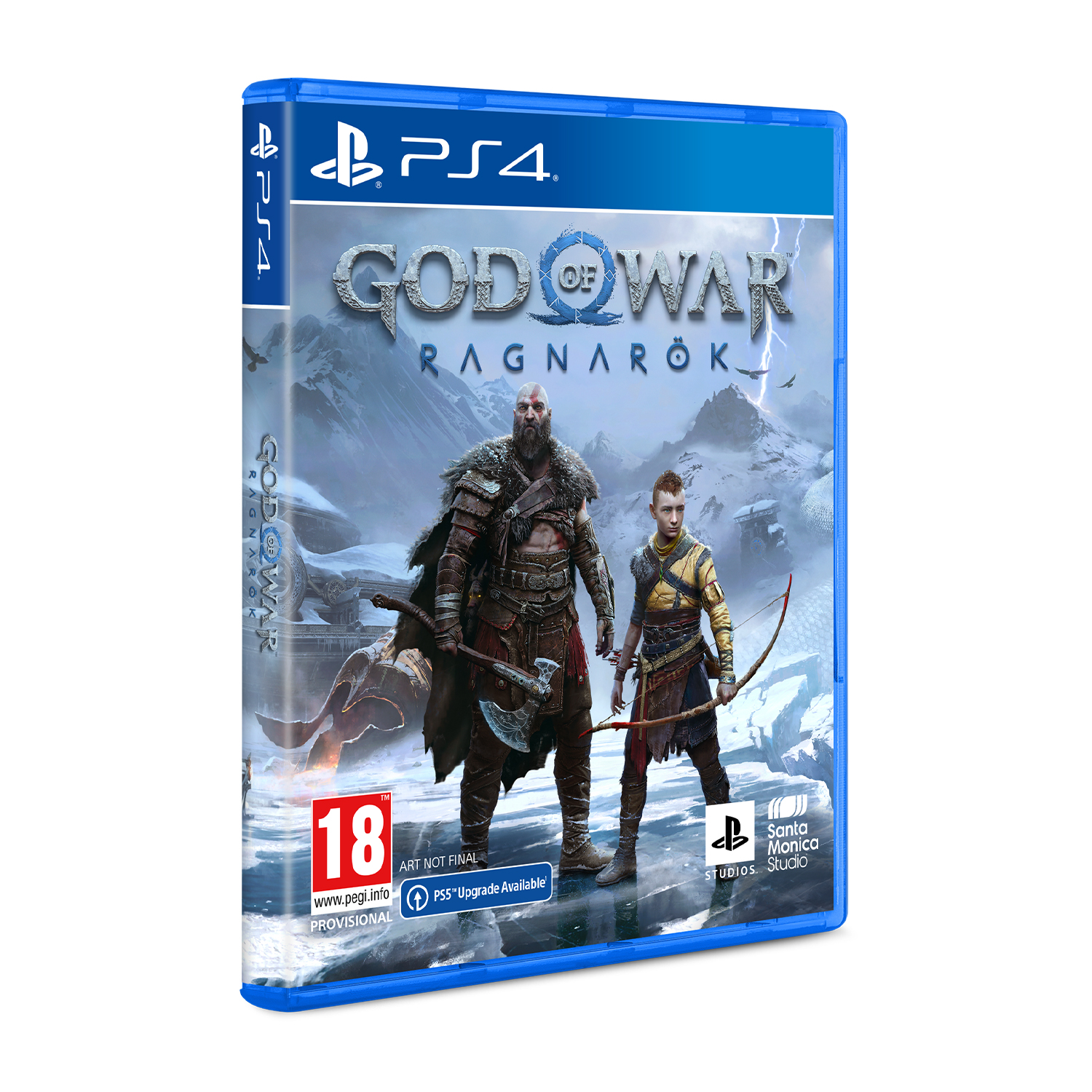 Una custodia per il gioco PS4 di God of War: Ragnarok. La copertina mostra Kratos e Atreus in un paesaggio innevato.