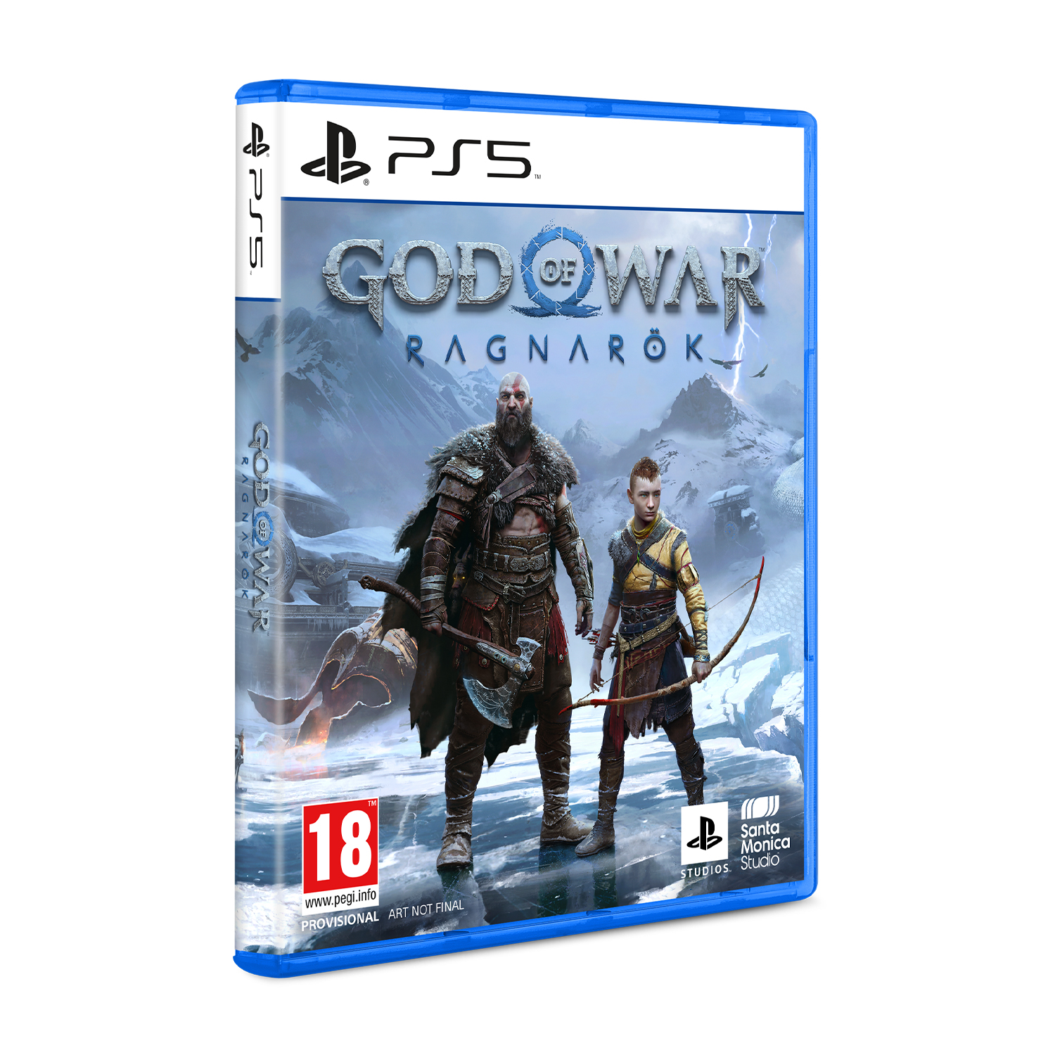 Una scatola di videogiochi per God of War Ragnarök. La copertina mostra due personaggi in un paesaggio innevato.