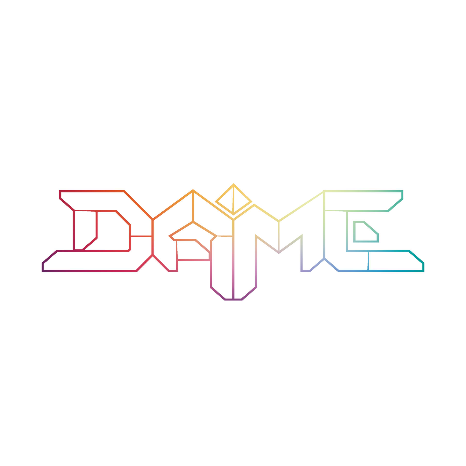 Logo mit dem Wort 'DAME' in bunten geometrischen Formen auf weißem Hintergrund.