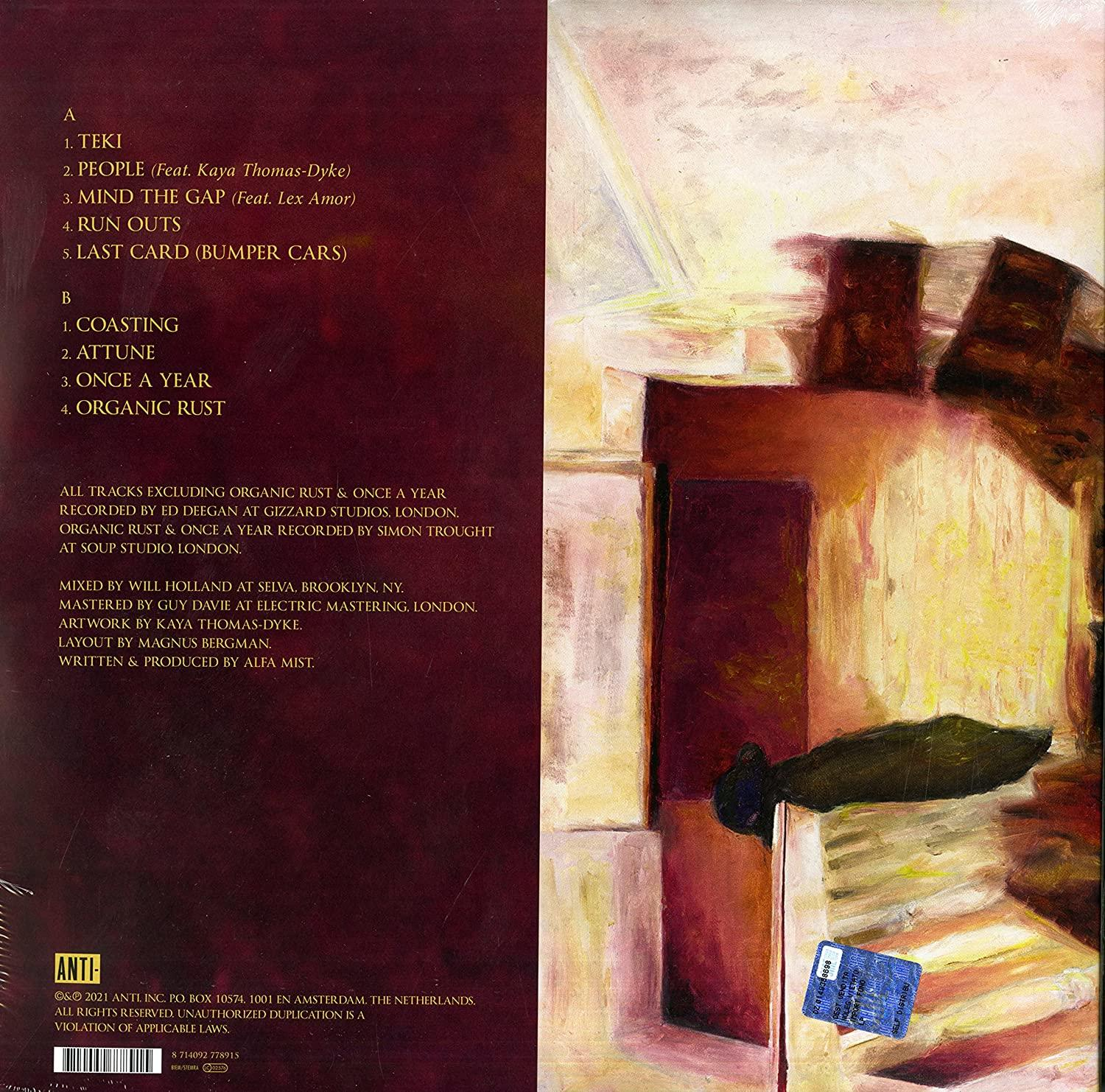 Album-Rückseite. Es hat Titellisten und Credits. Der Hintergrund ist ein dunkles, abstraktes Gemälde.
