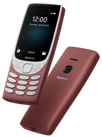 Téléphone Nokia, incliné, montrant l'avant et l'arrière. Le téléphone est rose, avec un centre blanc et un écran noir.