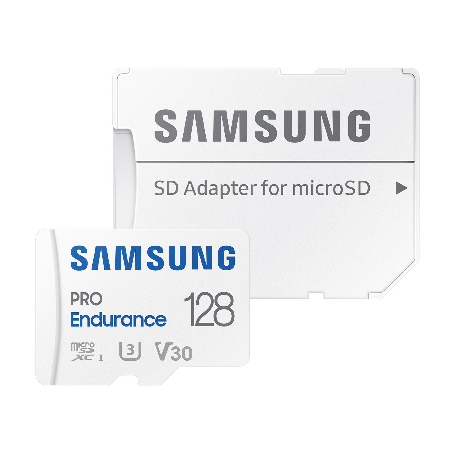Scheda SD e adattatore Samsung. Scheda bianca con testo: 128 Pro Endurance, e adattatore.