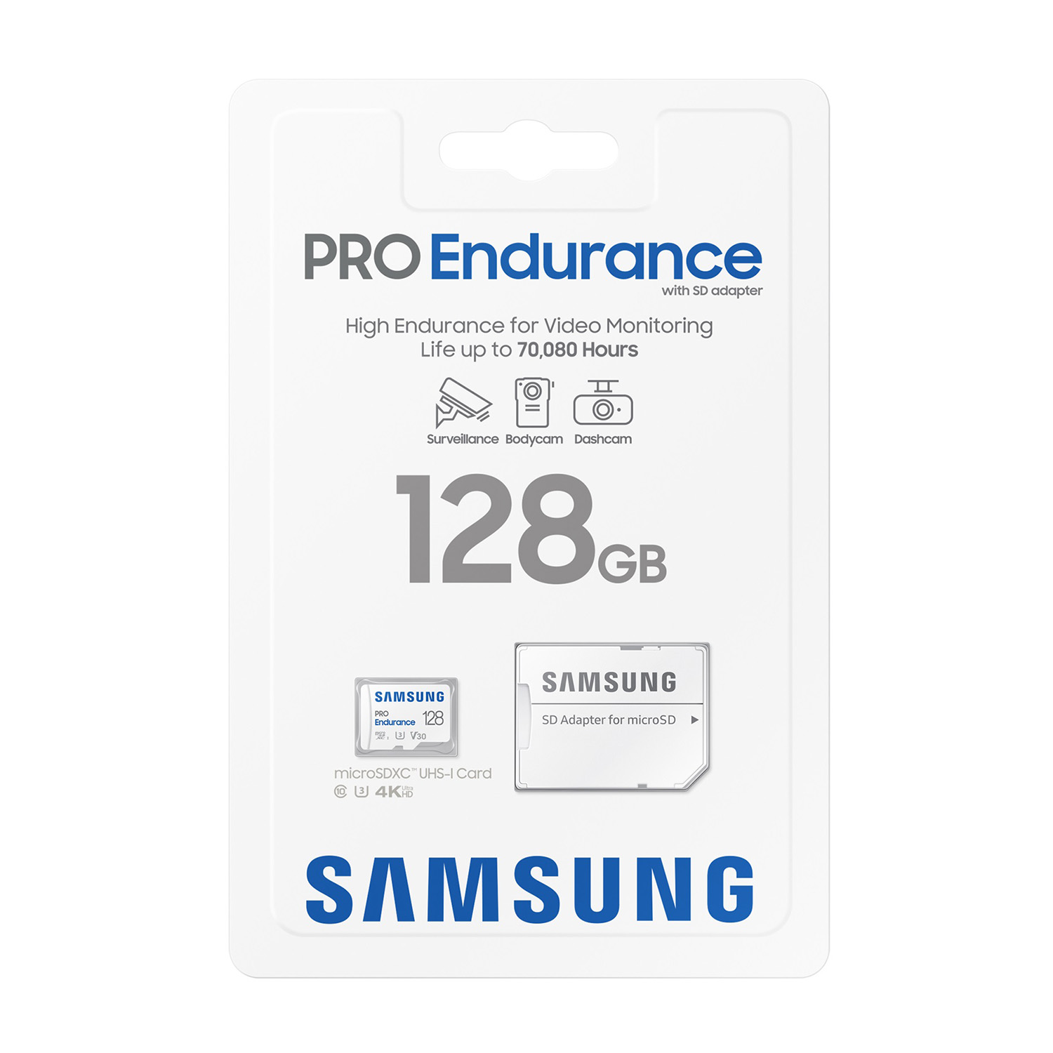 Scheda SD e adattatore Samsung PRO Endurance in confezione. Testo: 128GB.