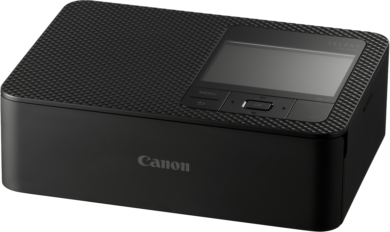 Schwarzer Canon-Drucker. Hat einen Bildschirm mit Tasten.